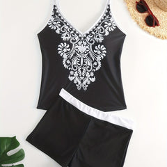 Plus Floral Print Boho Tankini Set Women's Plus Size Cami Top & Shorts 2 Piece