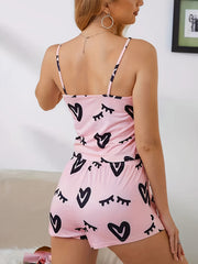 Heart Print Pajama Set Cami Top & Shorts Women's Sleepwear