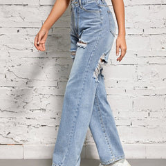 Distressed Loose Fit High Waist Denim Trousers Women's Jeans