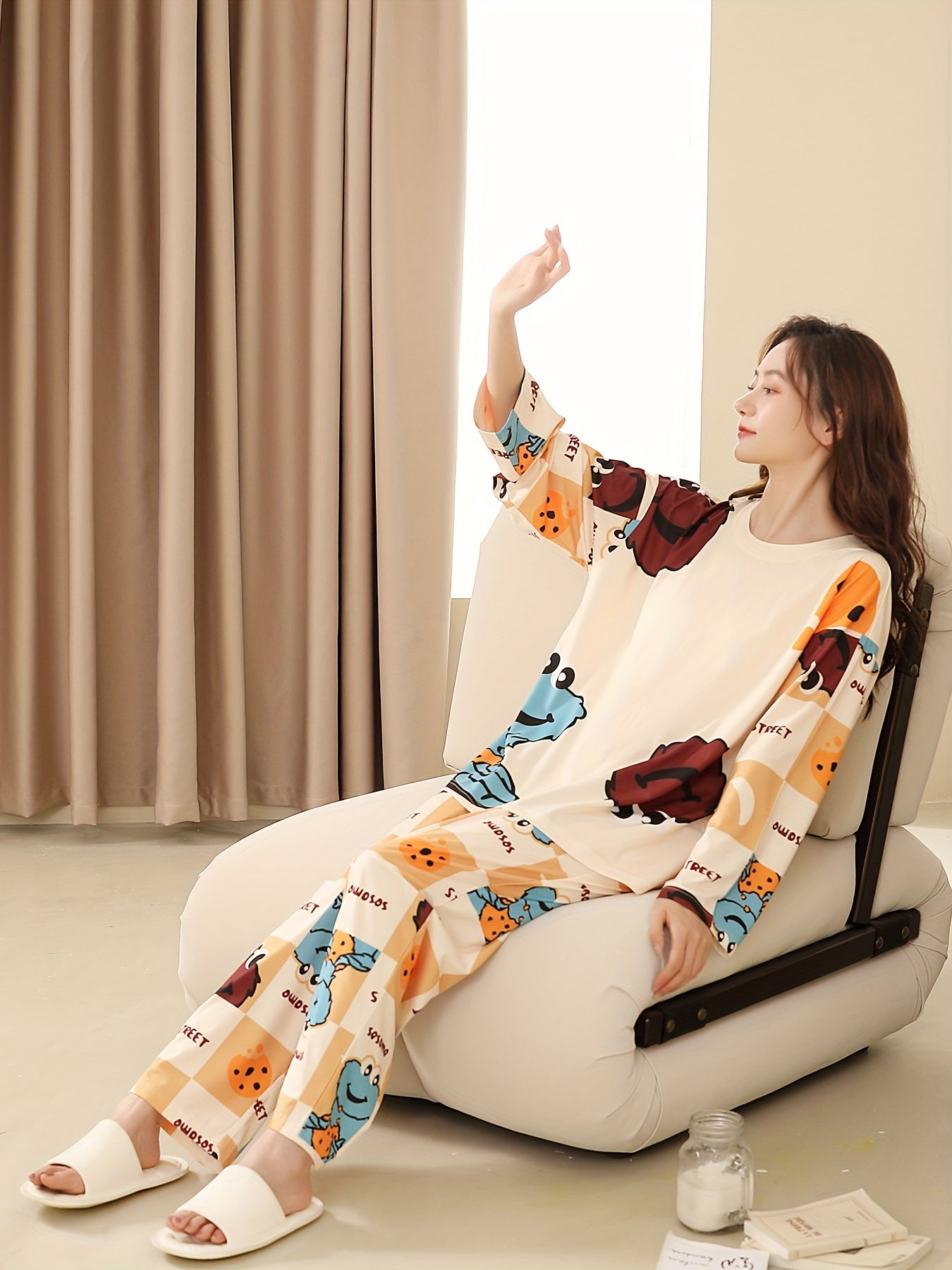 Cartoon Print Pajama Set Long Sleeve Top & Pants