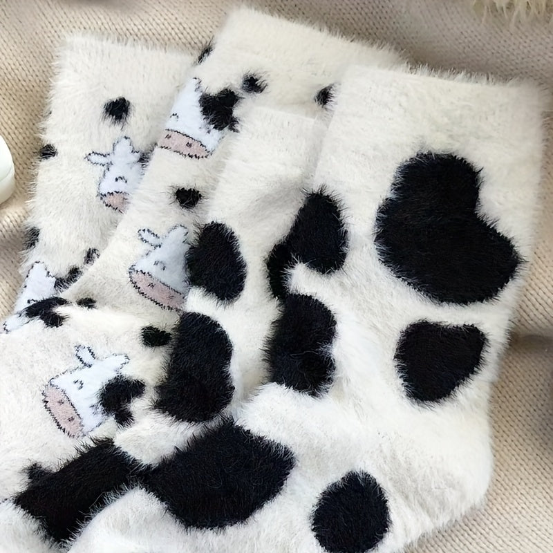 2 Pairs Cow Spot Socks Soft & Fuzzy Crew Mid Tube Socks Women's Stockings