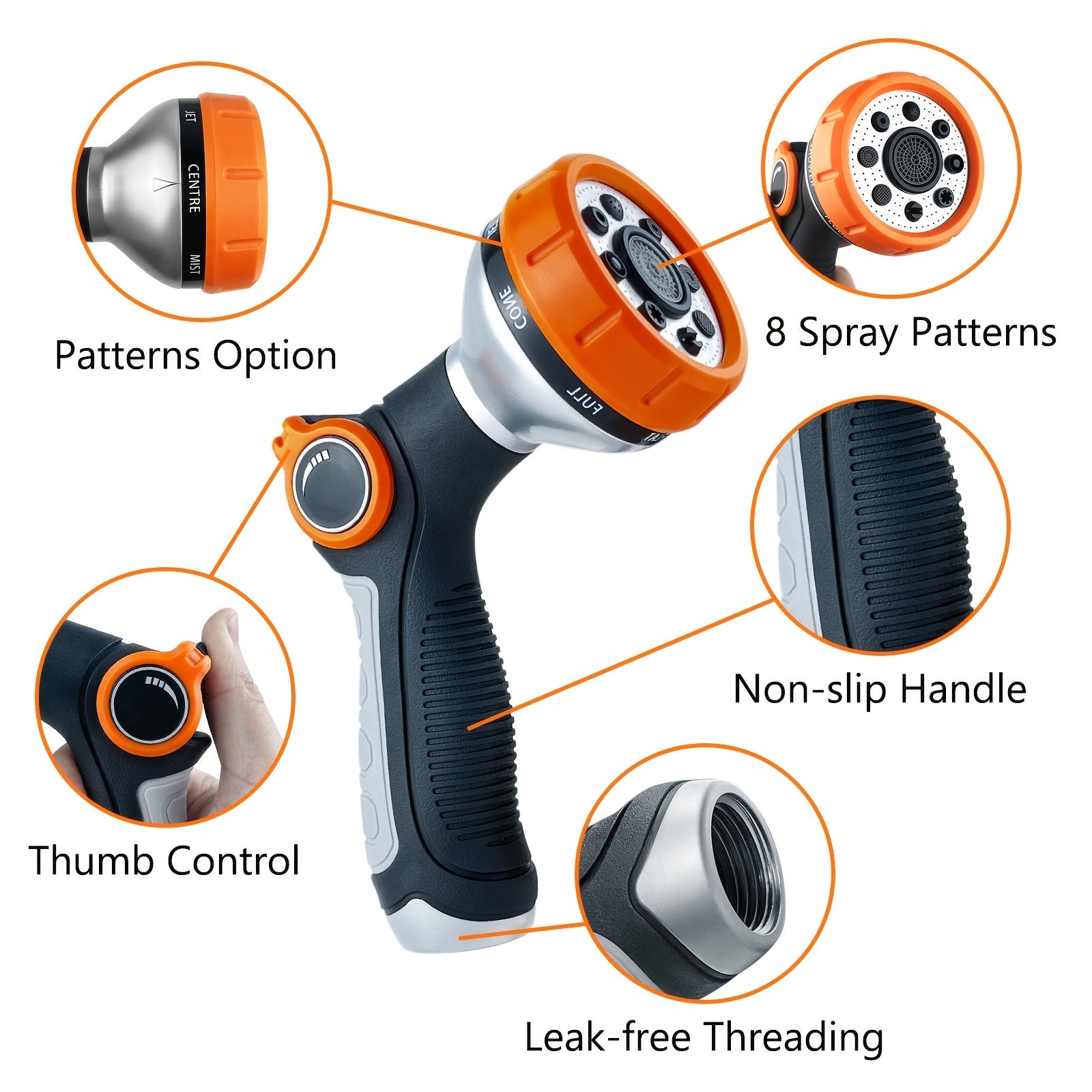 Heavy Duty Garden Hose Nozzle with 8 Adjustable Watering Patterns