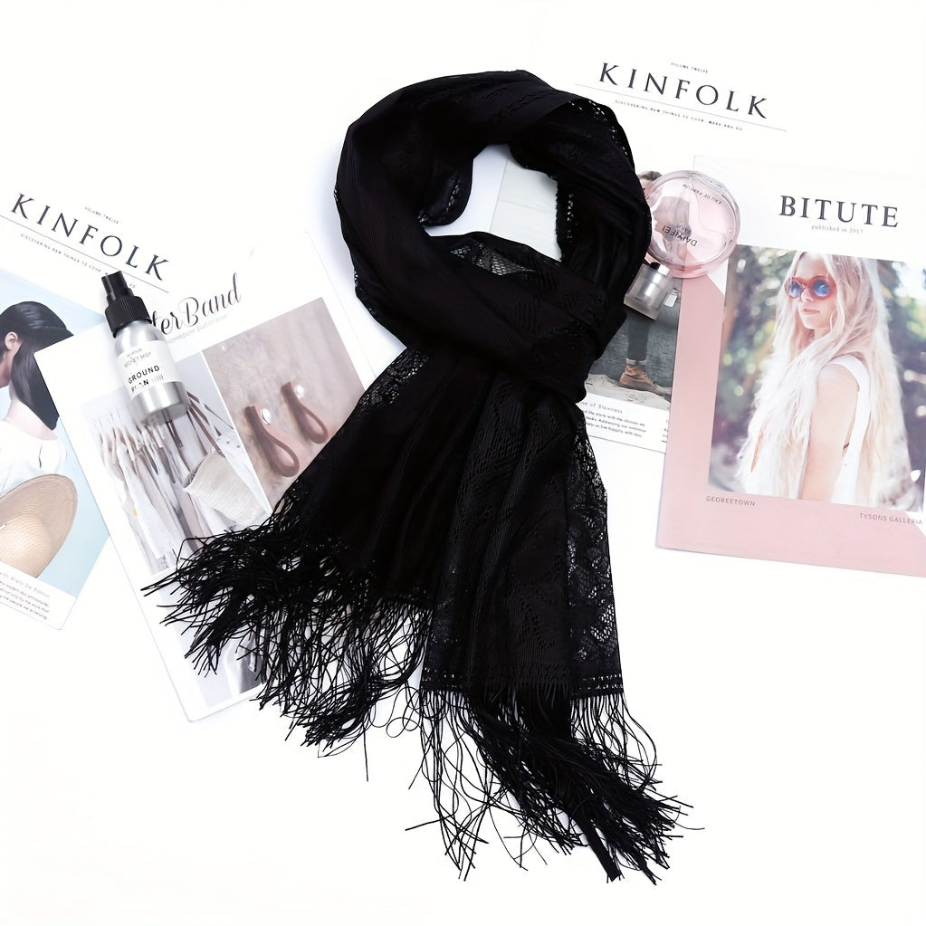 Lace Tassel Hollow Out Scarf Solid Hijab Shawl Classic Head Wraps