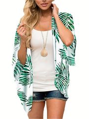 Plant Print Half Sleeve Kimono Cover Up V Neck Comfy Loose Beachwear