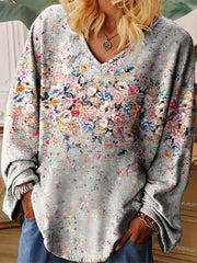 Floral Print Long Sleeve VNeck Sweatshirt Casual Fall Winter Women's Clothing