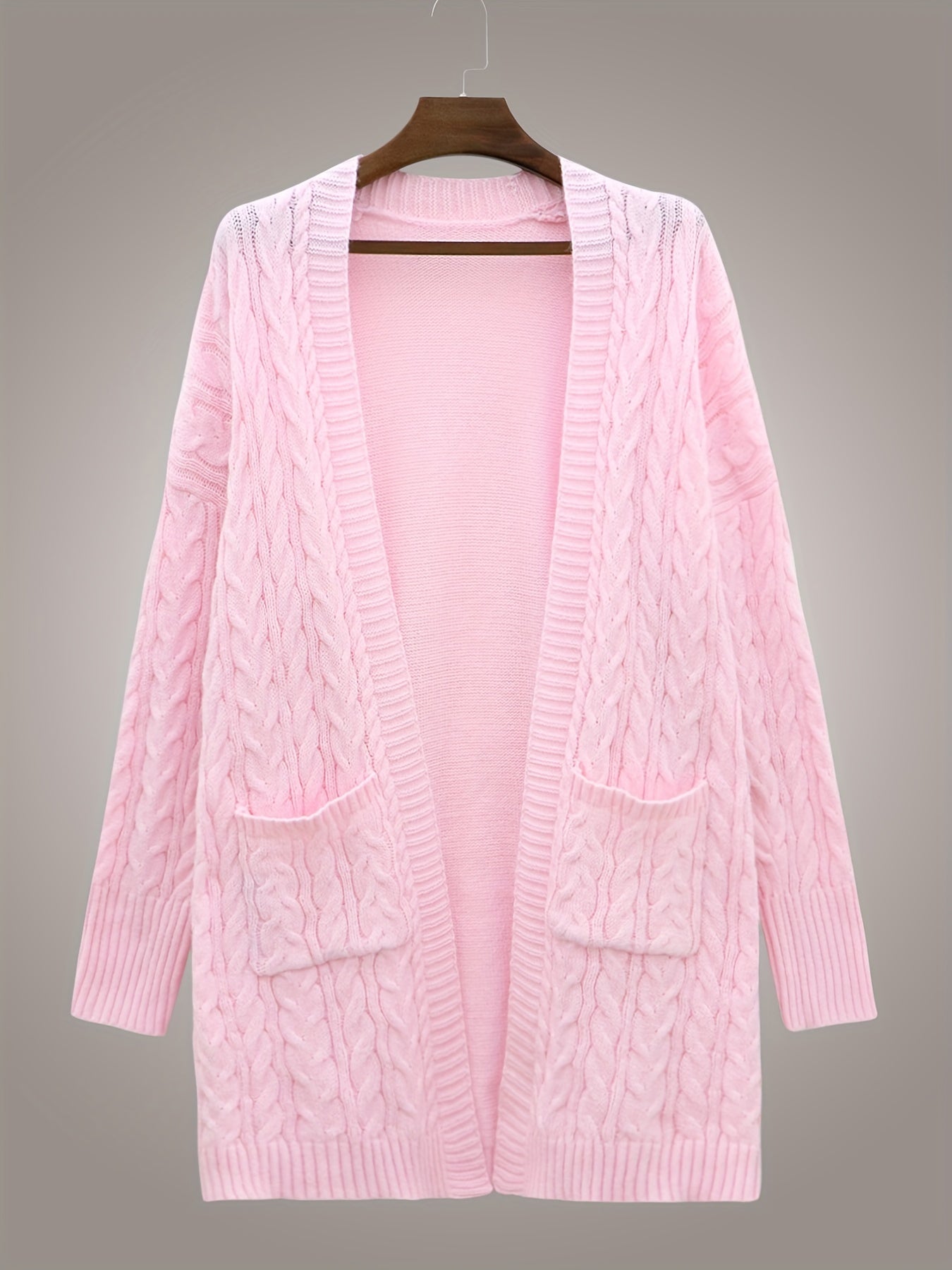 Solid Jacquard Open Front Cardigan With Pockets