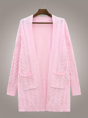 Solid Jacquard Open Front Cardigan With Pockets