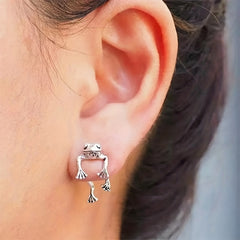 2 Vintage Silvery Frog Stud Earrings for Girls