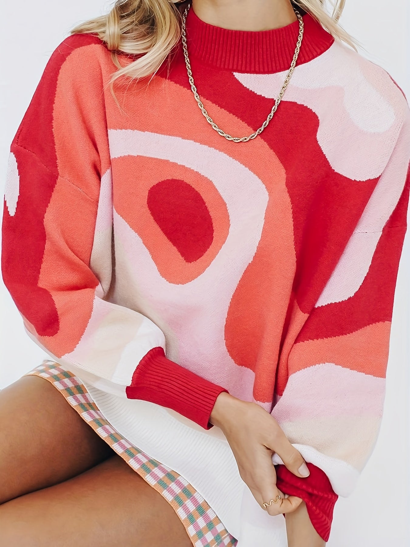 Abstract Print Long Sleeve Mock Neck Sweater
