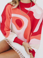 Abstract Print Long Sleeve Mock Neck Sweater