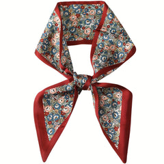 Red Floral Print Skinny Scarf Silk Hair Ribbon Neckerchief Twilly