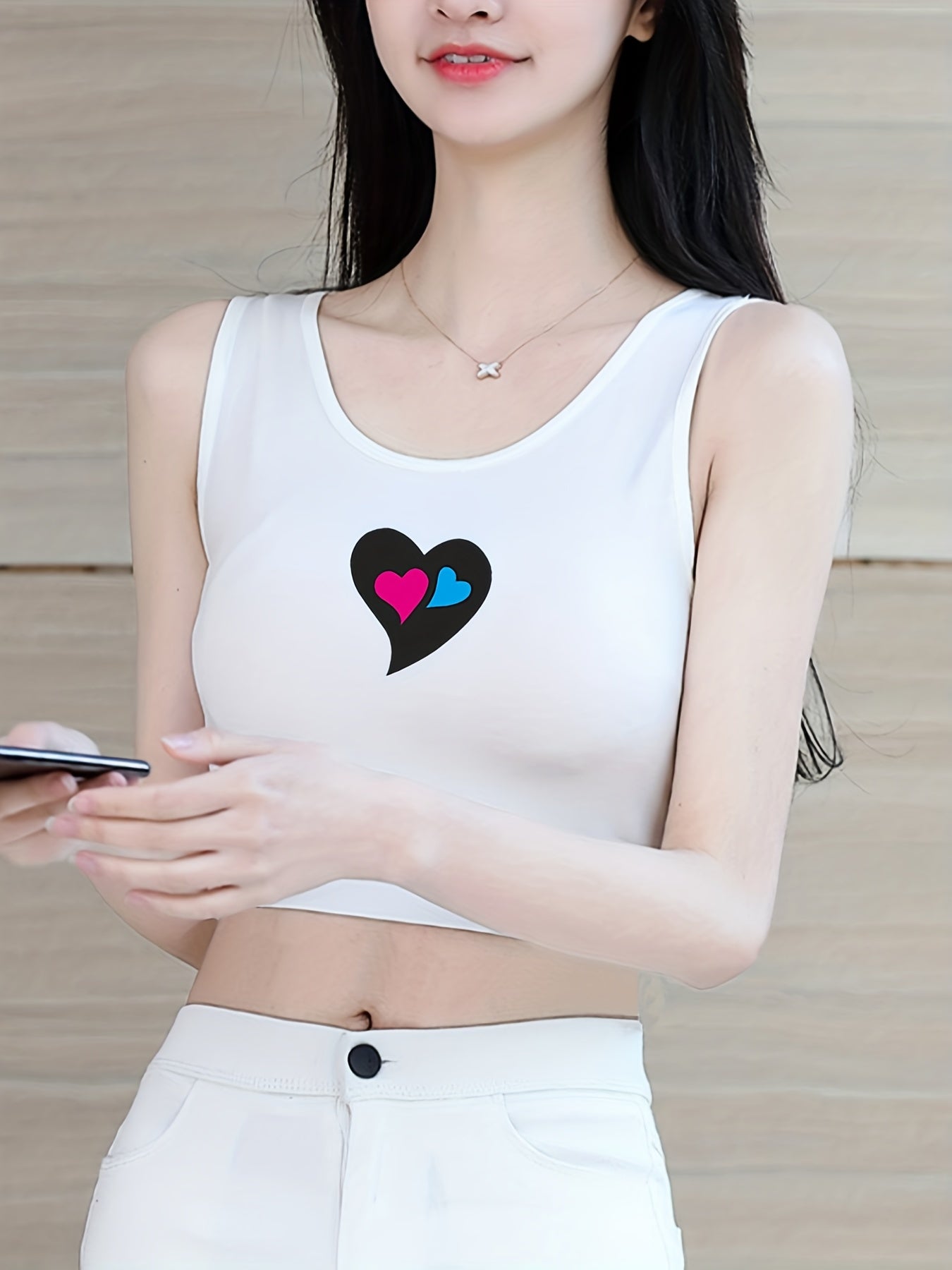 Heart Print Crop Tank Top Casual Sleeveless Tank Top