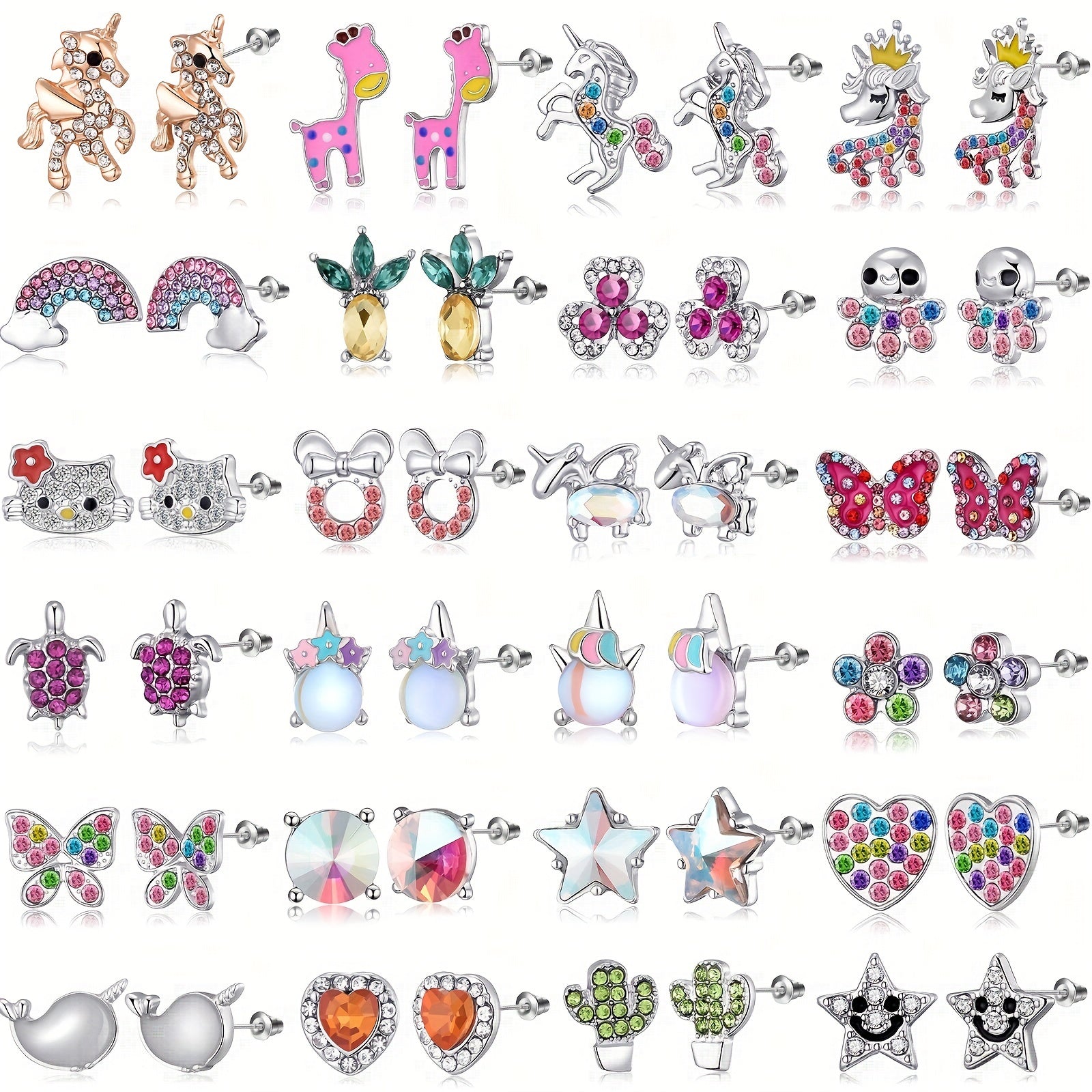 6 Pairs CZ Stud Earrings Set For Children Girls