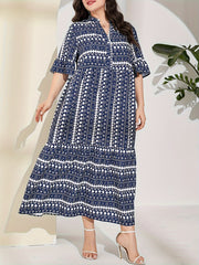 Colorblock Geometric Bell Sleeve Maxi Dress
