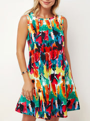 Sunflower Print Summer Dress Crew Neck Sleeveless Casual Dress