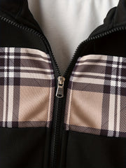 Boys Plaid Hooded Jacket & Patchwork Sweatpants Set