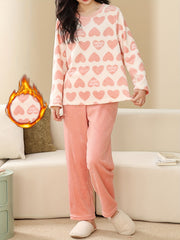 Heart Print Fuzzy Pajama Set Long Sleeve Crew Neck Top & Elastic Waistband Pants