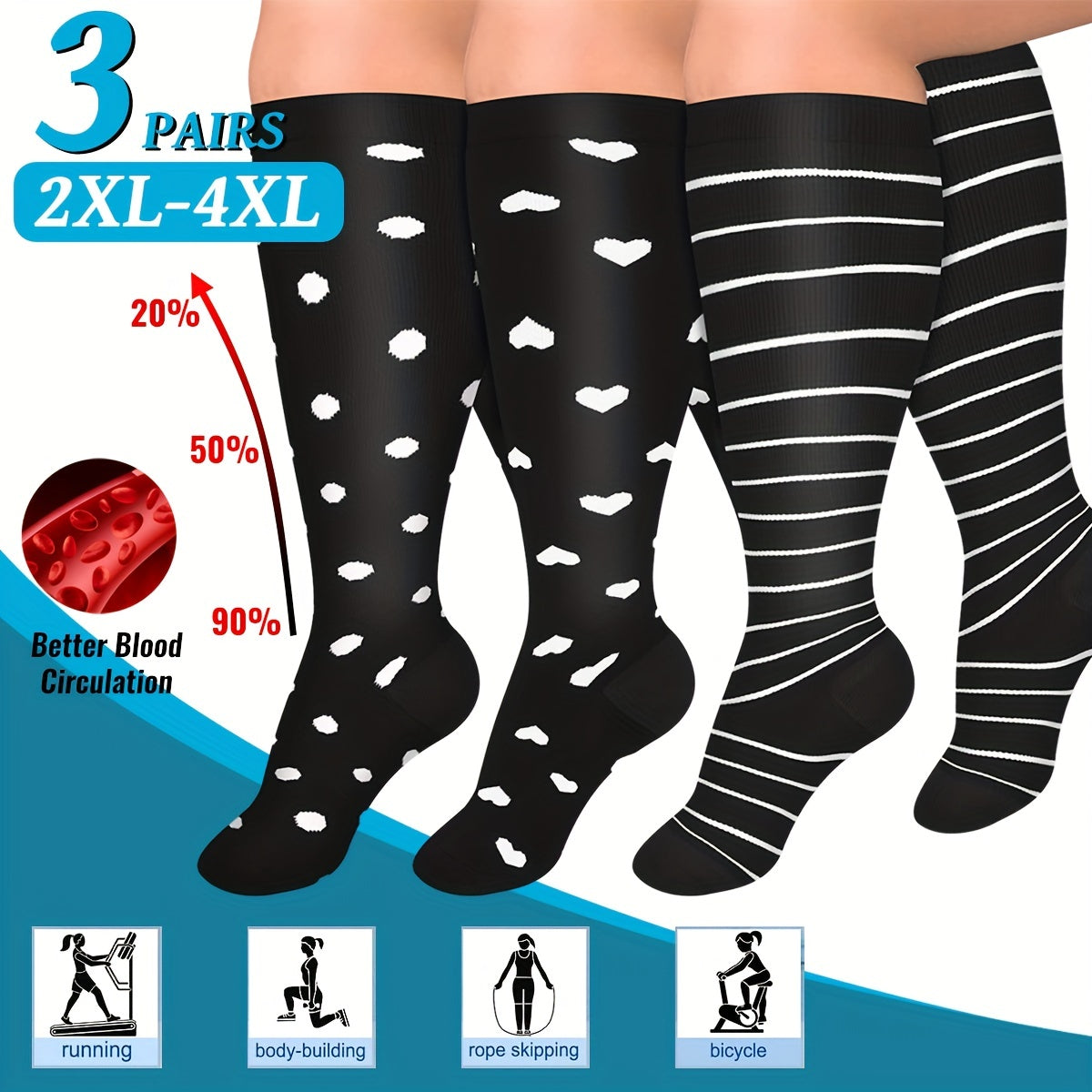 3 Pairs Plus Size Knee High Copper Compression Socks for Adult Sports
