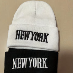 YORK Embroidery Beanie Unisex Solid Couple Knit Hat Casual Warm