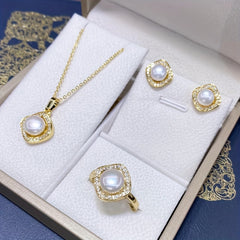 4pcs Girls Faux Pearl Pendant Necklace & Ring & Earrings Jewelry Set