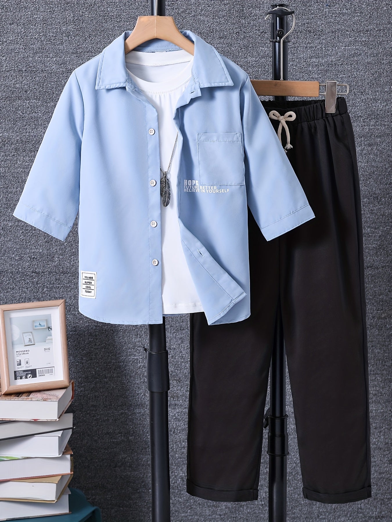 Boy's 2pcs Shirt & Pants Set Letter Print Patched Casual Outfits Kids Clothes