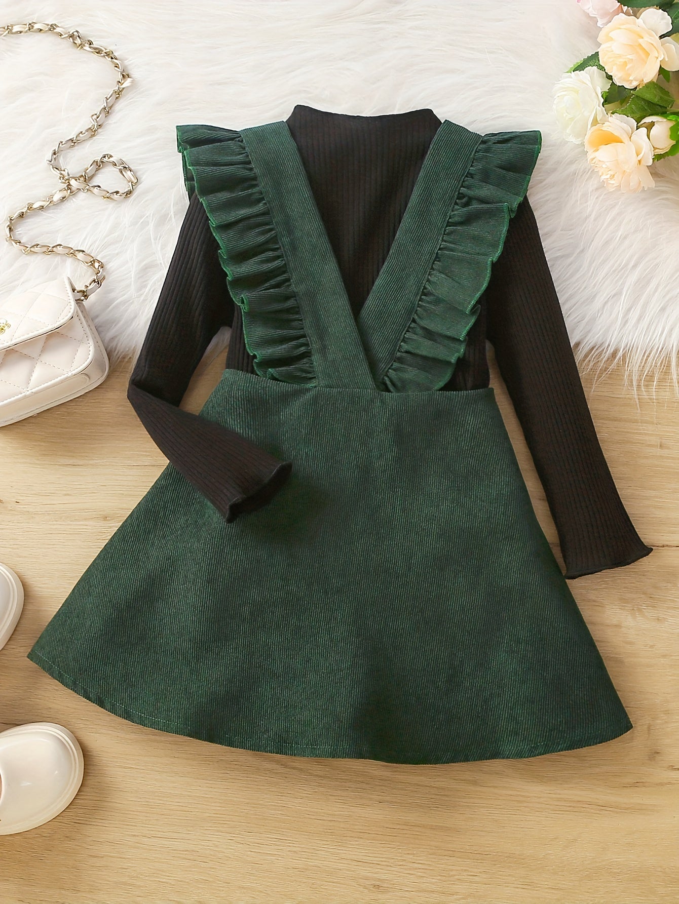 Girl's Preppy Style 2pcs Ribbed Top & Corduroy Overall Skirt Set
