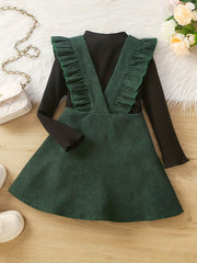 Girl's Preppy Style 2pcs Ribbed Top & Corduroy Overall Skirt Set