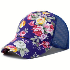 Vintage Flower Print Trucker Hat Baseball Cap Mesh Breathable