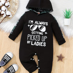 Newborn Infant Camouflage Hooded Romper I'M ALWAYS Letter Print Jumpsuit