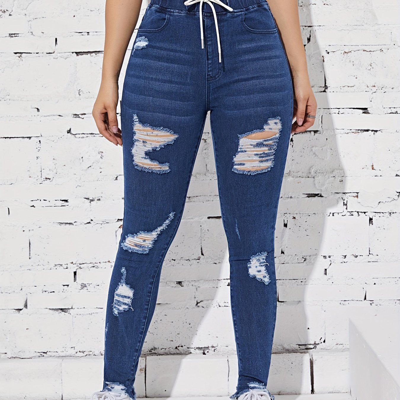 Ripped Holes Straight Jeans Slash Pockets Drawstring Elastic Waist Denim Pants