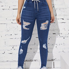 Ripped Holes Straight Jeans Slash Pockets Drawstring Elastic Waist Denim Pants