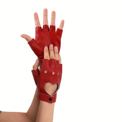 Punk Short Finger Gloves Peach Heart Hollow PU Leather Non-slip