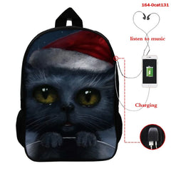 16 Inch Cat Print School Bag with USB Cable for Boys Girls Backpack