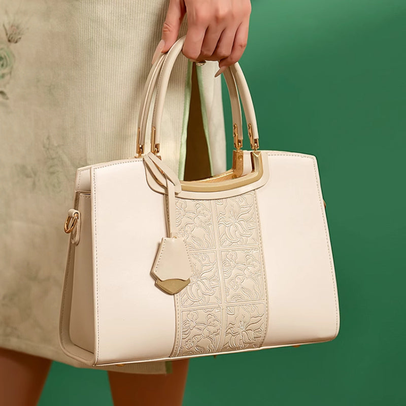 Embossed Leather Handbag for Women with Adjustable Strap & Zipper Closure