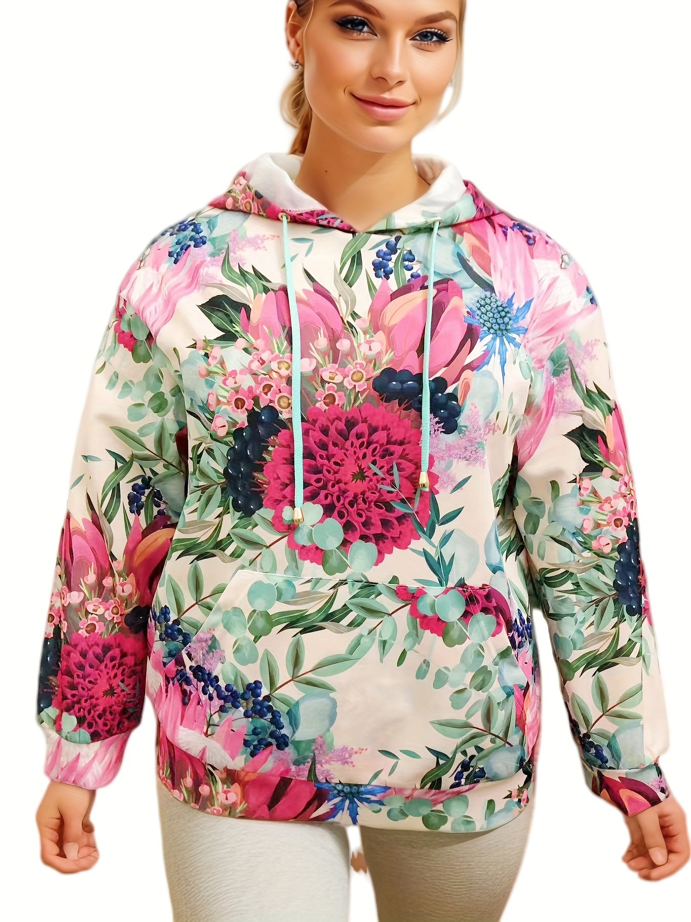 Floral Print Plus Size Sports Sweatshirt Long Sleeve Hoodie