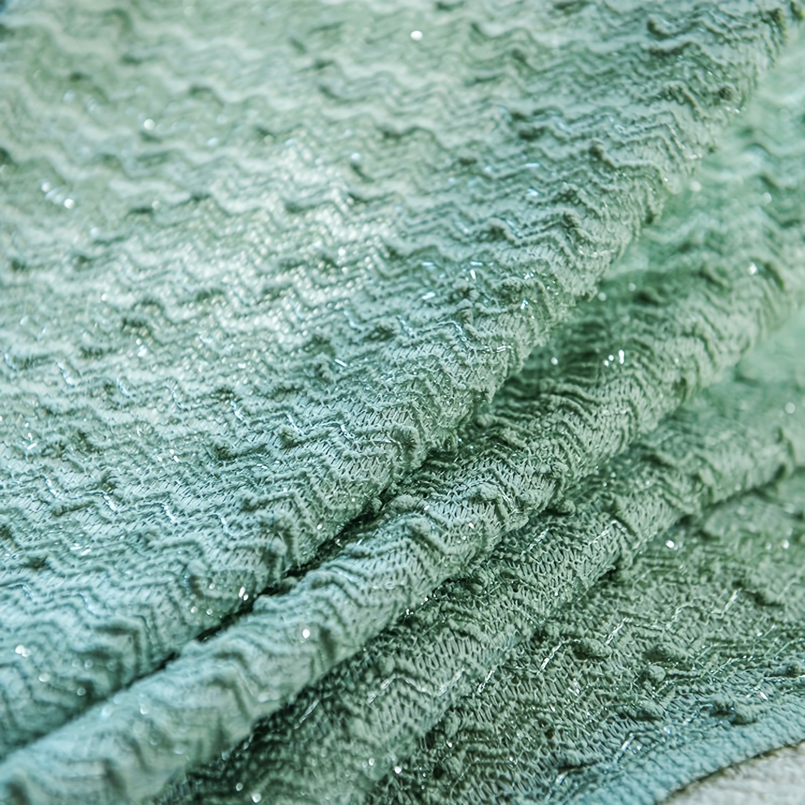Vintage Mint Green Tulle Curtain with Silvery Thread - Thick Knit Textured