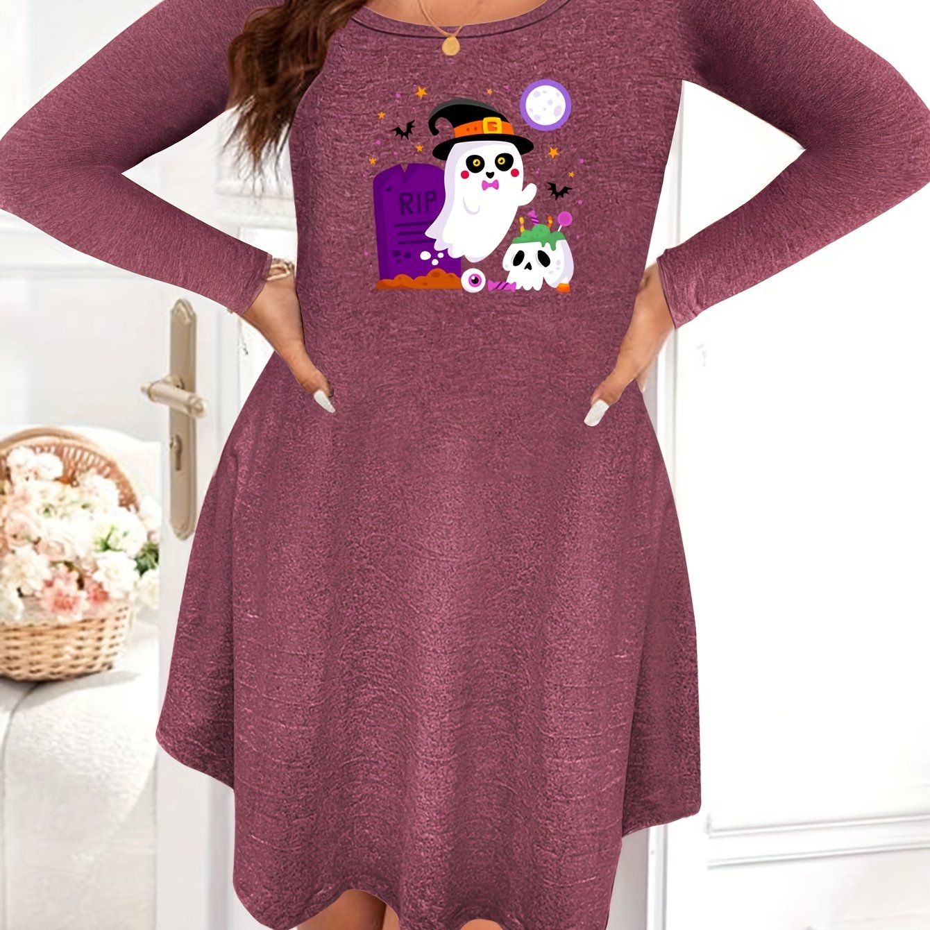 Plus Size Halloween Nightdress Women's Plus Skull & Ghost Print