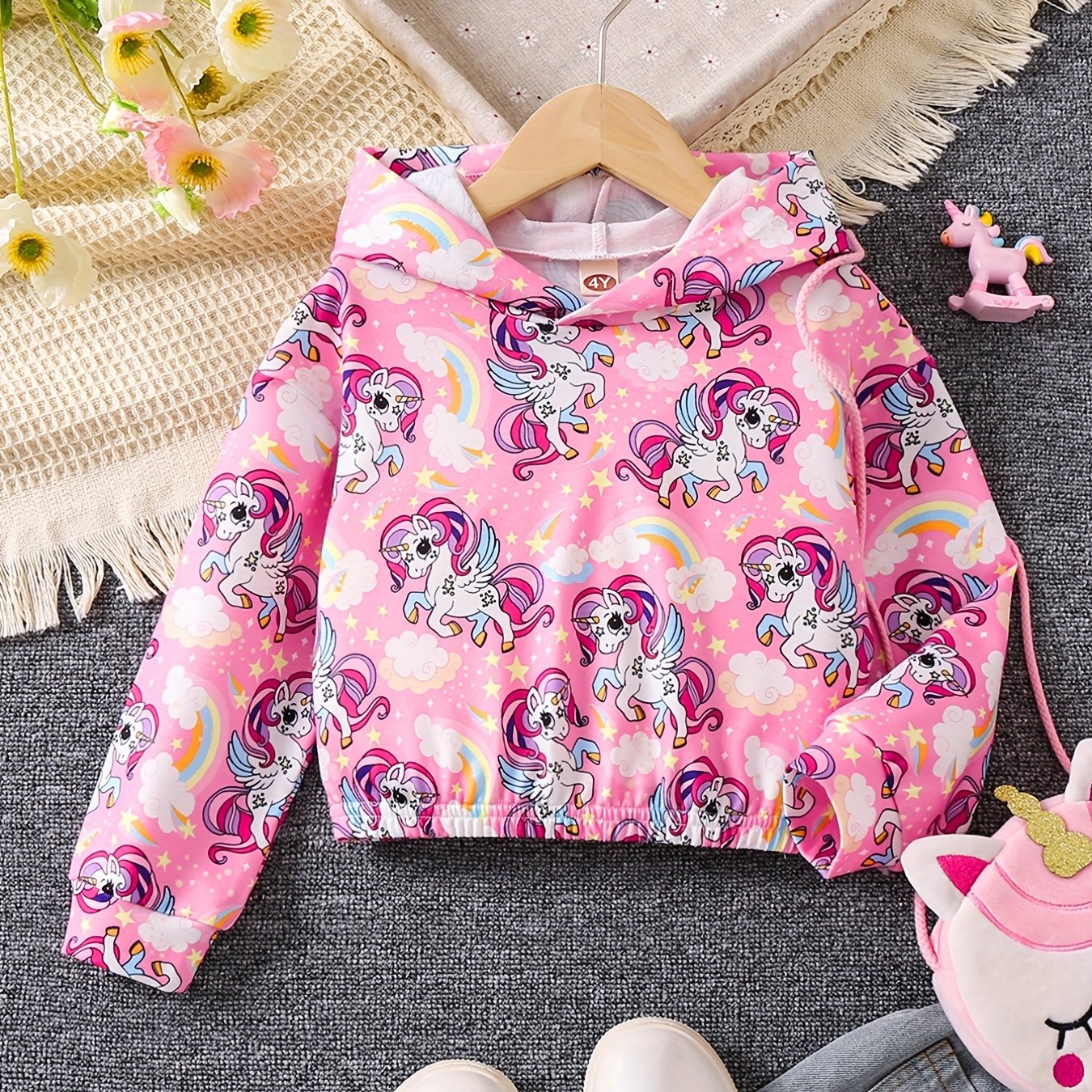 Girls Unicorn Full Print Hoodie Cropped Sweatshirt Pullover