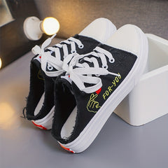 Women's Cartoon Canvas Shoes Casual Lace Up Mule Sneakers