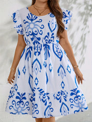 Women's Plus Ikat Print Ruffle Sleeve Round Neck Ruffle Trim Dress