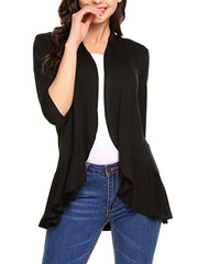 Solid 3/4 Sleeve Open Front Ruffle Trim Cardigan