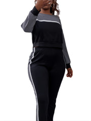Colorblock Top & Sweatpants Sportswear Set Plus 2pcs Activewear Set