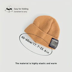 Classic Label Patch Beanie Thick Warm Knit Hat Solid Skull Cap Soft Lightweight