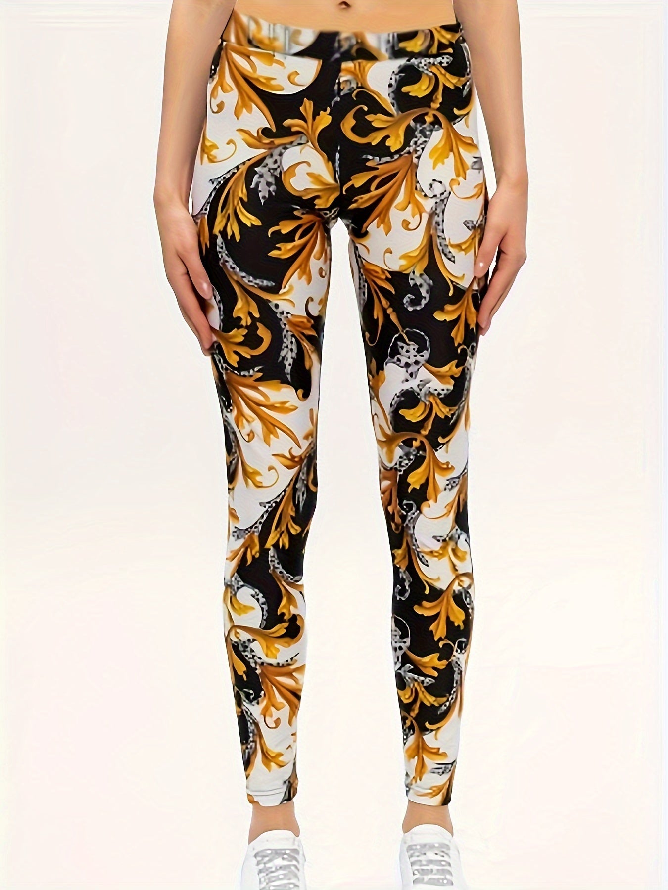 Baroque Print Skinny Leggings for Women, Stretchy Boho Pants