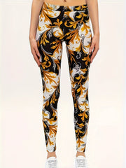 Baroque Print Skinny Leggings for Women, Stretchy Boho Pants