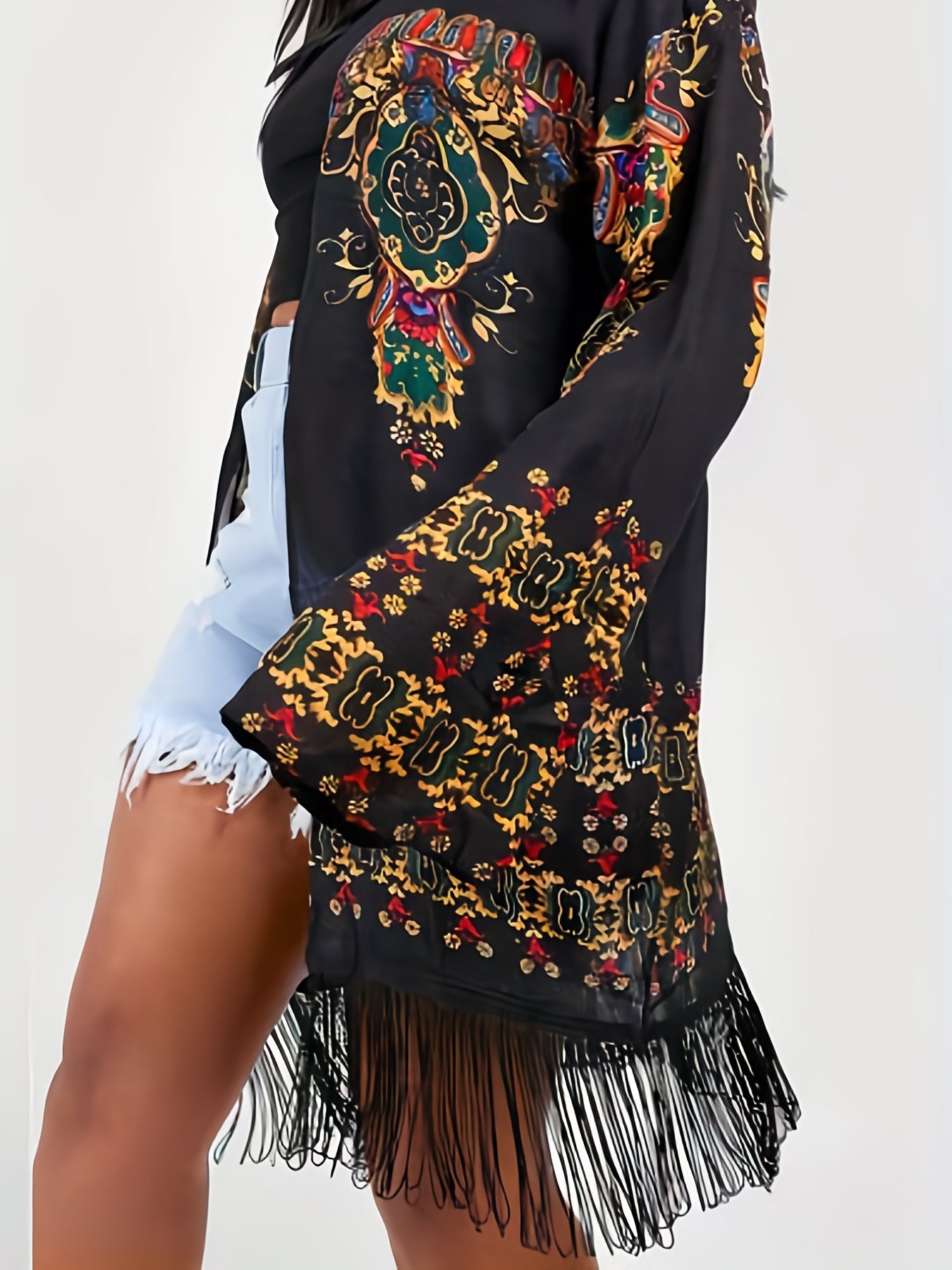 Boho Floral Print Fringe Trim Cardigan