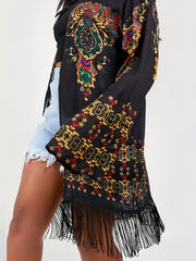 Boho Floral Print Fringe Trim Cardigan