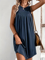 Casual Tank Dress Solid Cut Out Back High Stretch Pleated