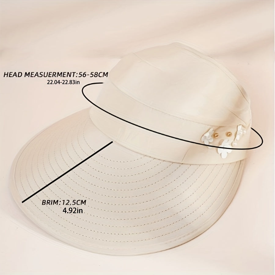 Faux Pearl Flower Decor Visor Hat Solid Ponytail Sun Hat UV Protection