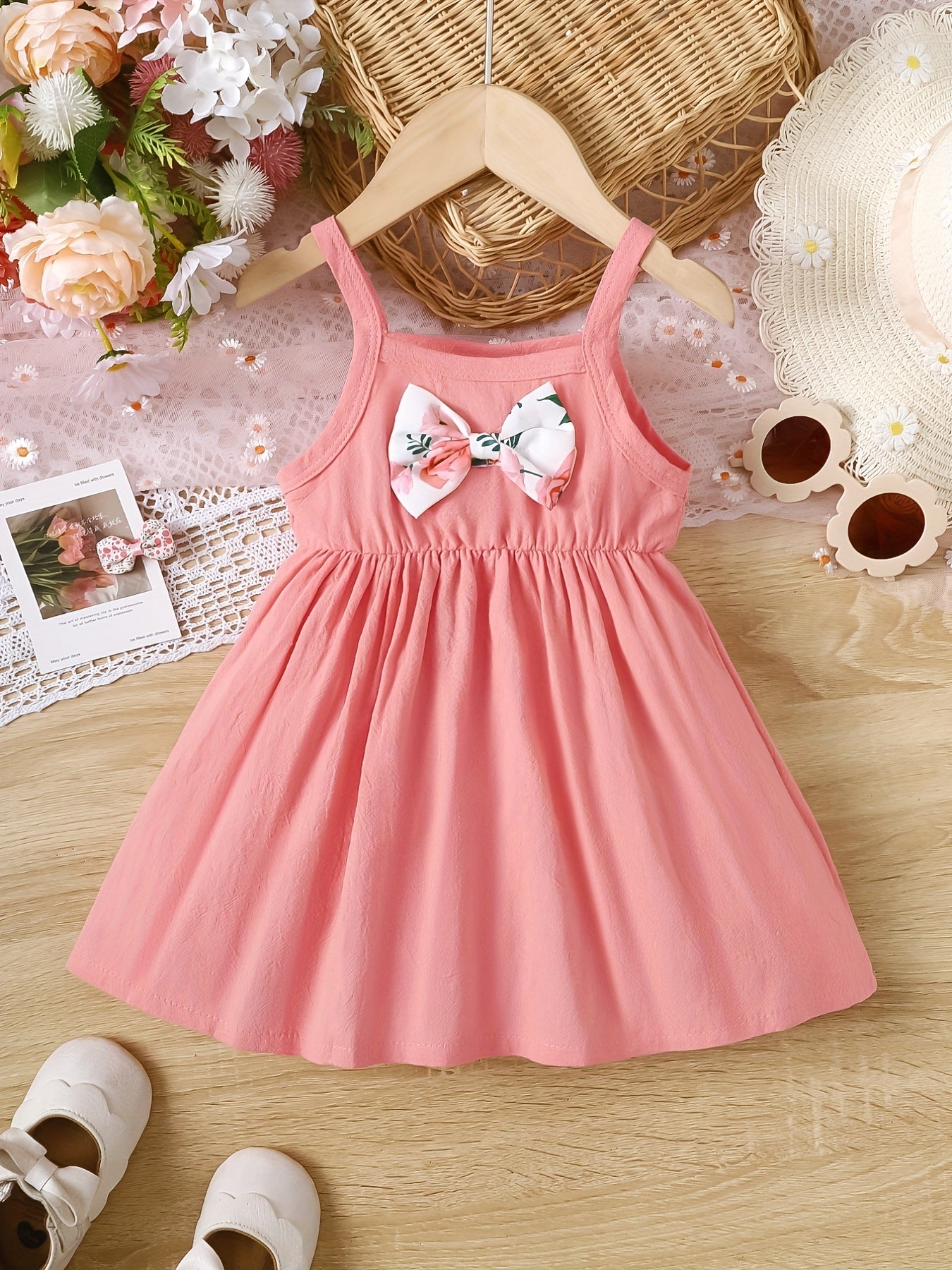 Holiday Bow Pleated Cami Dress For Toddler Baby Girls